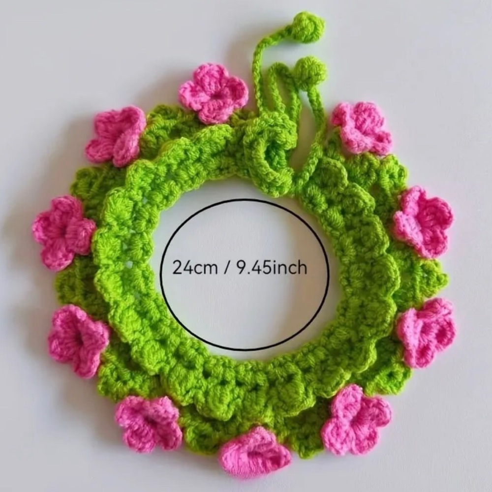 Crochet Small Pet Floral Neckband Collar Photo Prop with Flower - Pink and Green